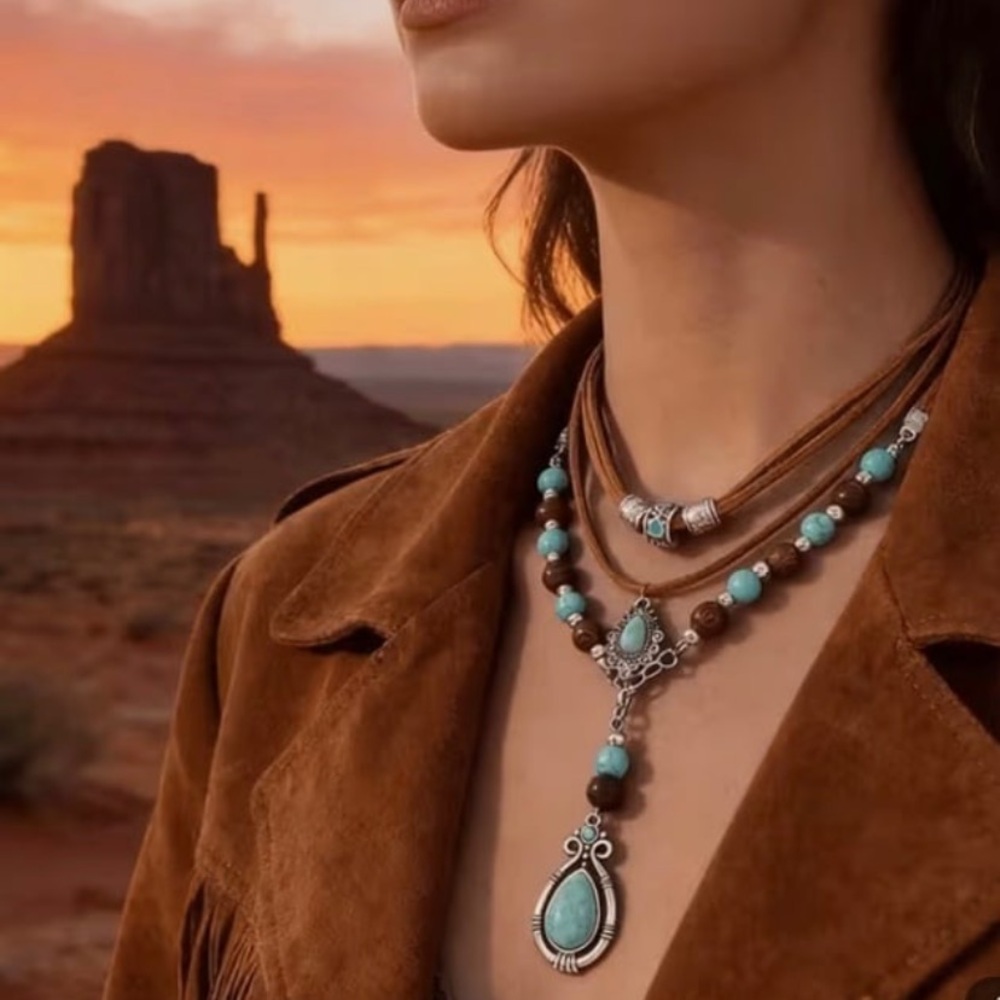Layered Turquoise and Brown Beaded Pendant Necklace - Women Jewelry
